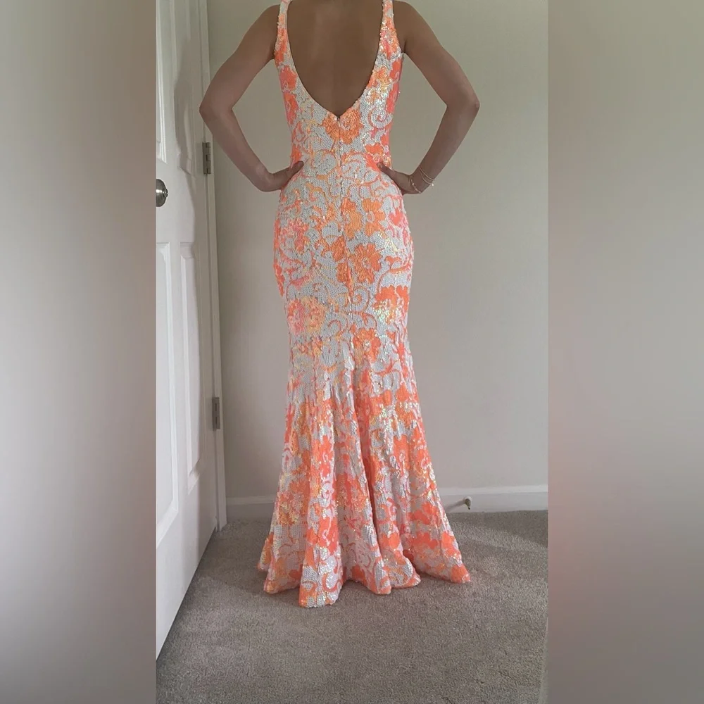 Jovani Coral & White Sequin Floral Prom Dress style 08257 - Picture 2 of 15